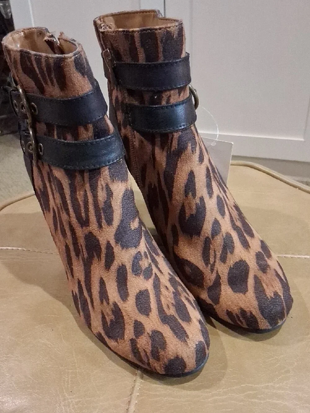 Jaclyn Smith Leopard Print Wedge Ankle Boots with Buckle Straps